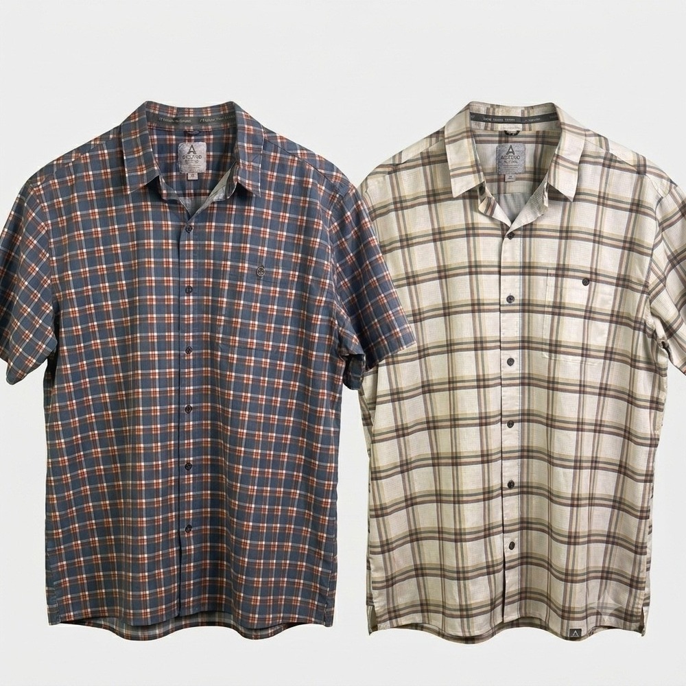 Set 2 Ascend Blue Cream Multicolored Check Short Sleeve Button Shirt Size XL